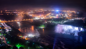 Niagara Falls (NY) at night taken from the Skylon tower in Niagara Falls, ON